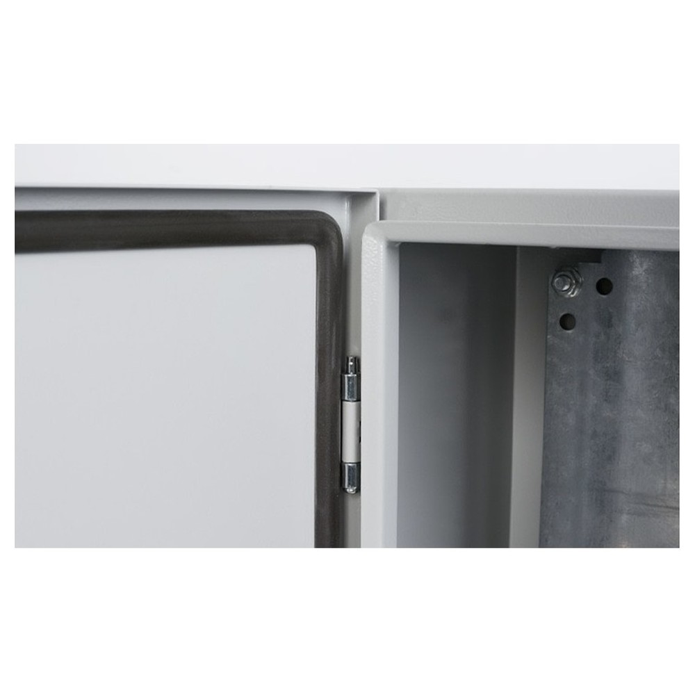 Wall-mounted enclosure gasket and hinge detail